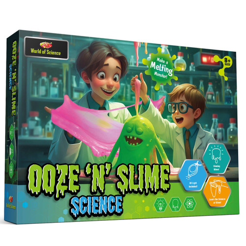 Two excited kids in lab coats play with pink slime and a green monster in a science kit labelled "Ooze 'N' Slime." The setting is a lab.