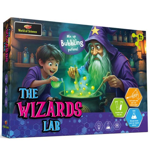 A wizard with a long beard and a boy excitedly mix a green potion in a cauldron. The box shows the text "The Wizard's Lab," radiating a magical, fun vibe.