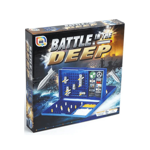 Battle in the Deep strategy board game box showing submarine-themed naval battle design with blue playing board and ships.