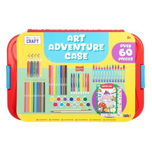 Project Craft Art Adventure Case for children, featuring over 60 art supplies including crayons, felt-tip pens, pencils, paints, brushes and an activity pad, packed in a bright red and yellow carry case.
