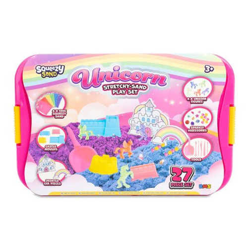 Squeezy Sand Unicorn Stretchy-Sand Play Set in pink storage box featuring colourful sand, unicorn figures, castle moulds and sparkly accessories.