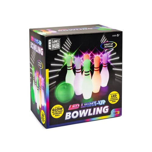 Games Hub LED Light-Up Bowling set in colourful packaging, featuring glow-in-the-dark ball and LED colour-changing pins for children aged 5 and above.