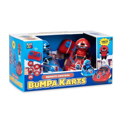 Play Hub Remote Control Bumpa Karts toy set in bright blue packaging, featuring red and blue bumper cars with ejecting drivers and dual remote controls for interactive play.