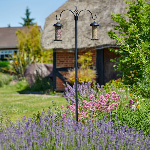 A picturesque garden with vibrant purple and pink flowers surrounds a black pole with two bird feeders. A thatched-roof cottage is in the background.