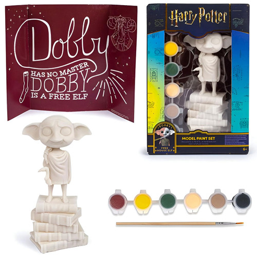 Harry Potter Dobby Model Paint Set featuring an unpainted Dobby figure standing on stacked books, six paint pots, paintbrush, and themed background with the quote ‘Dobby is a free elf’.