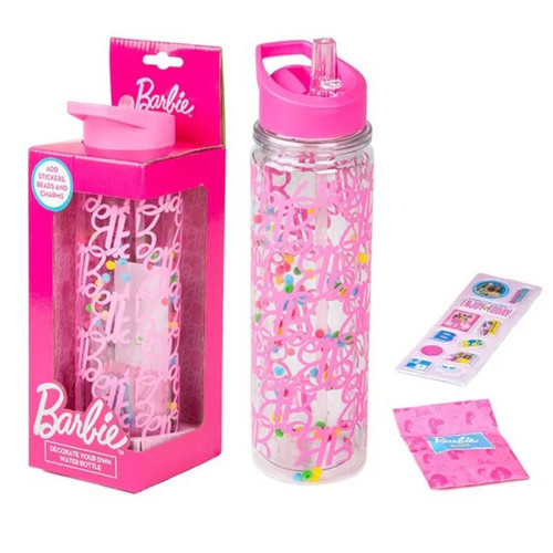 Barbie Decorate Your Own Water Bottle set featuring a pink bottle with Barbie logo print, beads inside, and included stickers and charms for custom decoration.