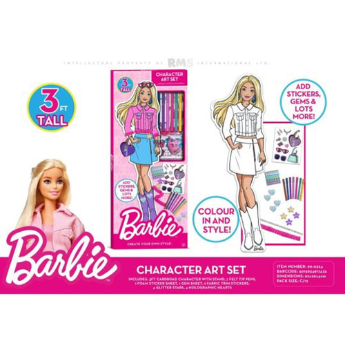 Barbie Character Art Set featuring a 3ft tall cardboard Barbie figure to colour and decorate, with included felt tip pens, stickers, gems, and accessories for creative fashion fun.