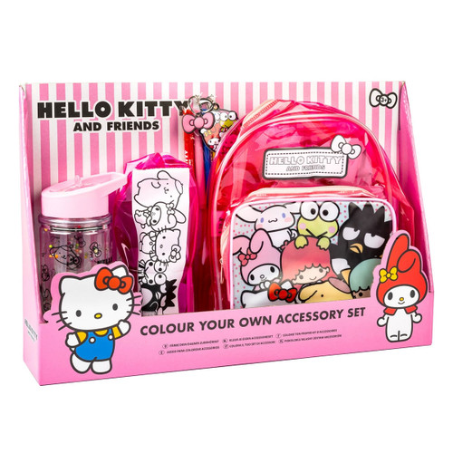 Hello Kitty and Friends Colour Your Own Accessory Set in pink striped packaging, including a backpack, pencil case, bottle, keyring and pens, ideal for creative kids.