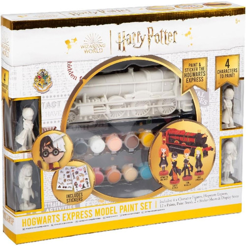 Harry Potter Hogwarts Express Model Paint Set featuring train and character figures to paint, with brushes, paints and stickers – creative craft gift for Wizarding World fans.