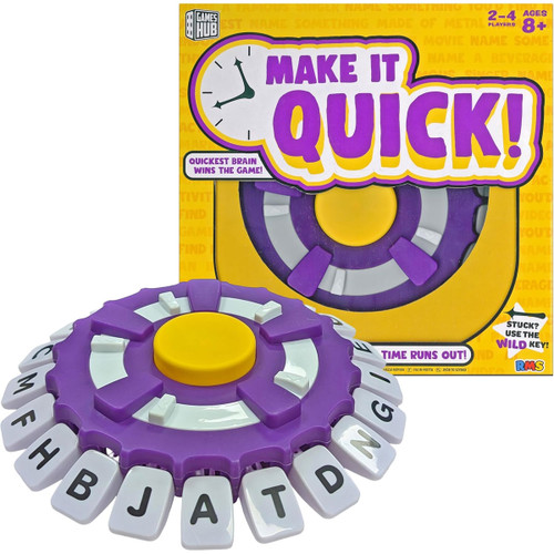 Make It Quick! family board game by Games Hub featuring a purple and yellow letter wheel timer and packaging, a fast-paced word challenge for 2–4 players aged 8 and over.