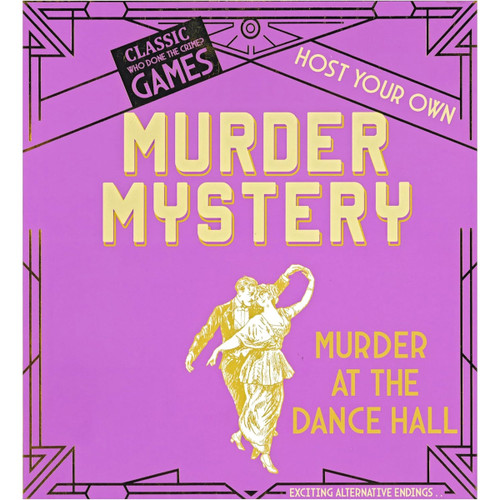 “Host Your Own Murder Mystery Game: Murder at the Dance Hall box with elegant 1940s theme in purple and gold design — fun party game for friends to solve a thrilling crime.