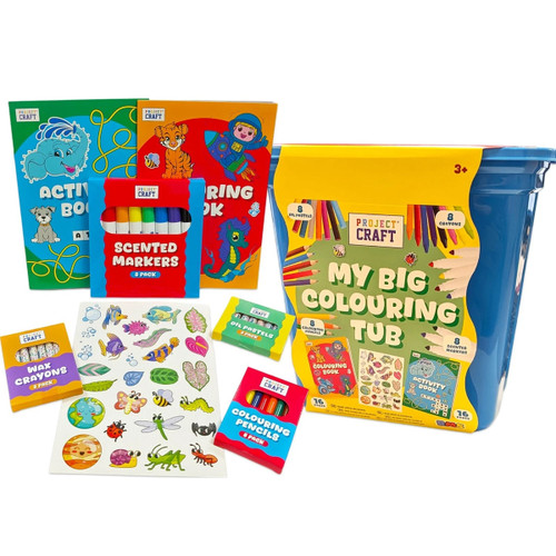 Project Craft My Big Colouring Tub art set including colouring books, crayons, pencils, scented markers, stickers and pastels — fun creative kit for children aged 3 and up.