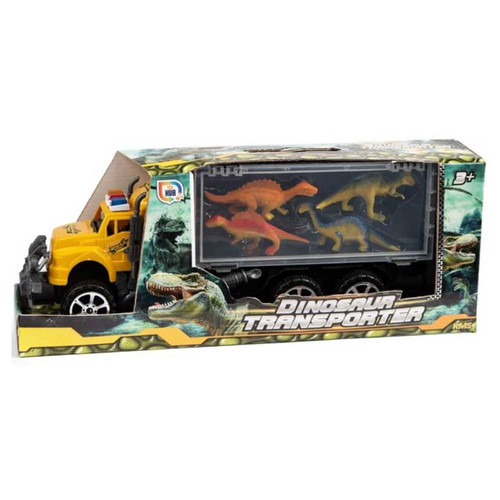 Dinosaur Transporter toy truck set featuring a yellow carrier lorry with dinosaur figures inside the trailer — fun prehistoric playset for kids aged 3 and above.