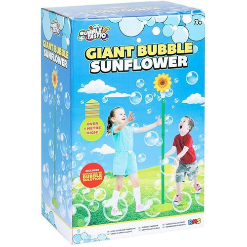 Bubbletastic Giant Bubble Sunflower set featuring a tall sunflower-shaped bubble maker over one metre high, complete with concentrated bubble solution — fun outdoor toy for children aged 3 and above.