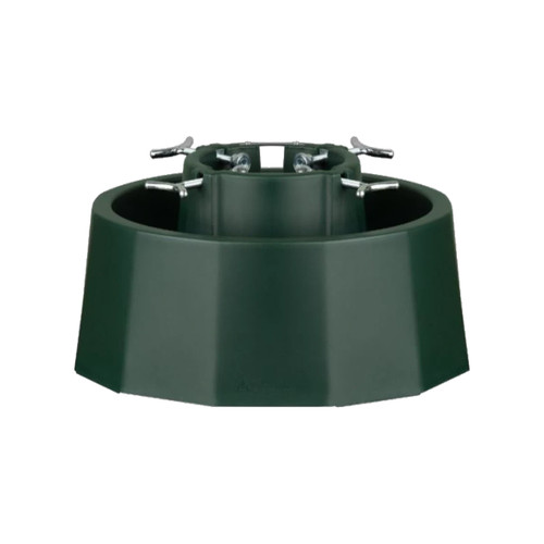 A view of a large Christmas tree stand on a white background
