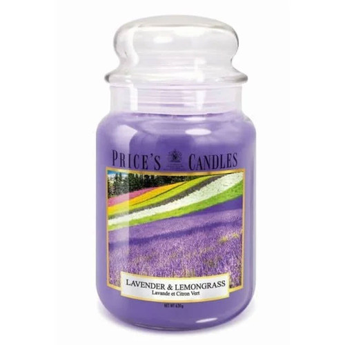 Price’s Candles Lavender & Lemongrass large jar candle with rich purple wax and clear glass lid, featuring a label showing a field of lavender under bright skies, symbolising a fresh and soothing floral fragrance.