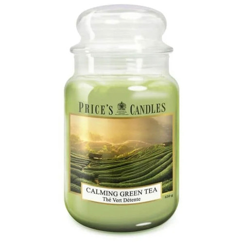 Price’s Candles Calming Green Tea large jar candle with light green wax and clear glass lid, featuring a label showing lush green tea fields under soft sunlight, evoking a fresh and tranquil aroma.