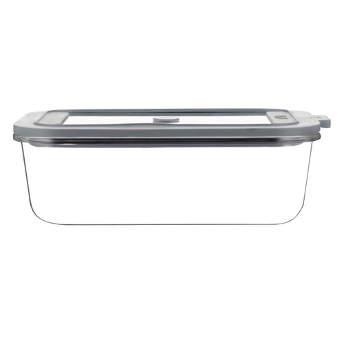 Kilner rectangular glass storage container with a grey airtight lid, shown side-on to display its slim, durable glass design.