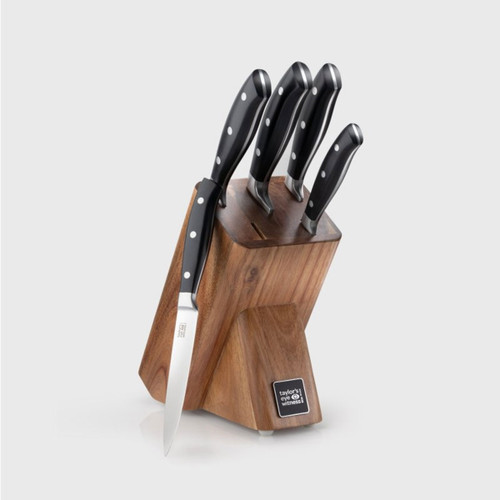 Set of five kitchen knives with black handles and stainless steel blades displayed in a wooden block, with one knife slightly pulled out.