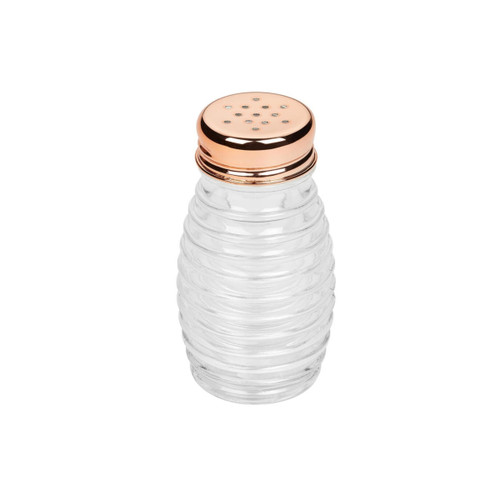 Clear glass shaker with a ribbed beehive design and a shiny copper screw-on lid, ideal for dispensing salt, pepper, or spices.