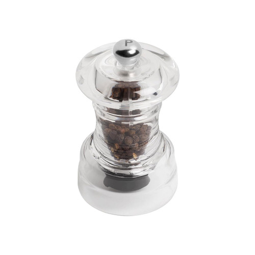Transparent acrylic pepper mill filled with whole peppercorns, featuring a rounded cap with a silver knob engraved with the letter ‘P’.