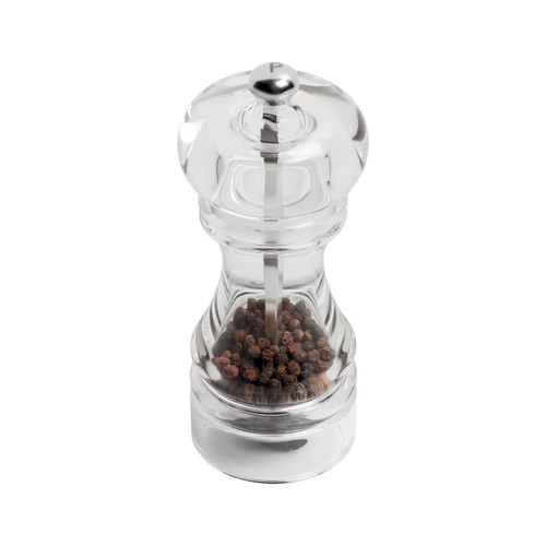 Transparent acrylic pepper mill filled with whole black peppercorns, featuring a silver top knob engraved with the letter ‘P’.