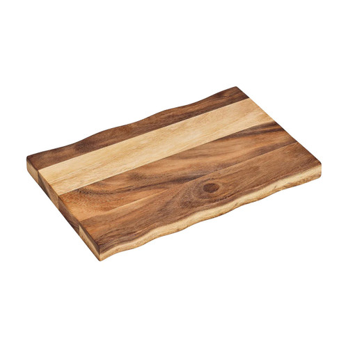 Rectangular wooden chopping board with a smooth surface and natural grain patterns, featuring gently wavy edges.