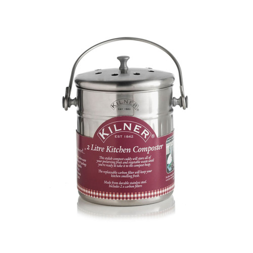 Kilner 2-litre stainless steel kitchen composter with vented lid, carrying handle, and maroon label detailing features and capacity.