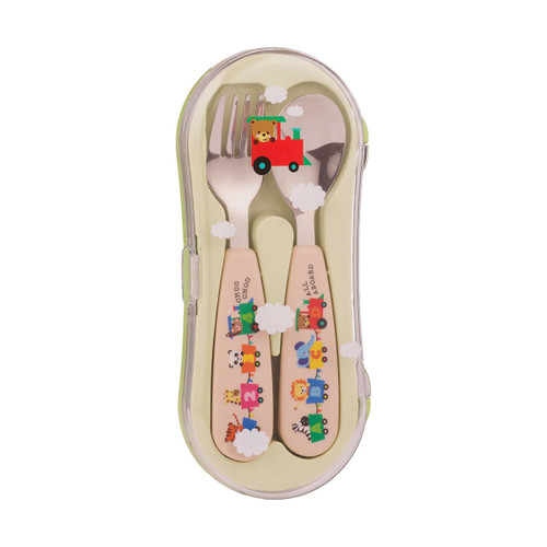Children’s cutlery travel case containing Viners All Aboard fork and spoon with animal train pattern and cloud detailing on the lid.