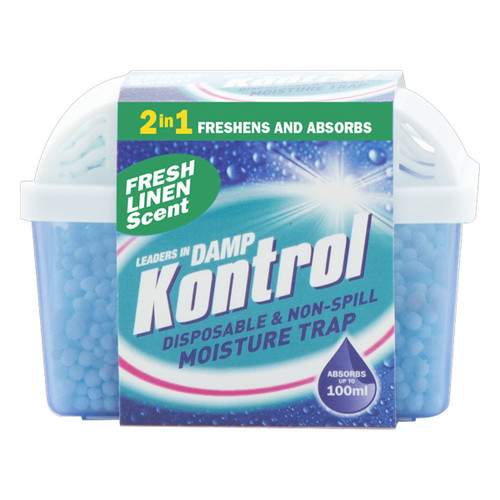 Kontrol Disposable & Non-Spill Moisture Trap with fresh linen scent, 2-in-1 design that freshens and absorbs damp, packaged in a blue container.