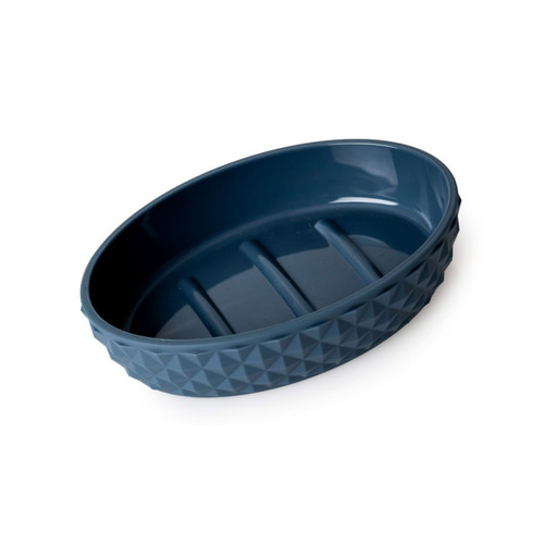 Figaro soap dish in slate blue with a textured diamond pattern exterior and three raised ridges inside for soap drainage.