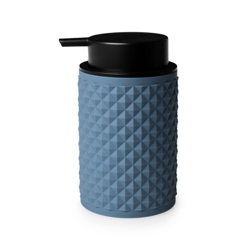 Figaro soap dispenser in slate blue with a textured diamond pattern and a black pump top for dispensing liquid soap or lotion.