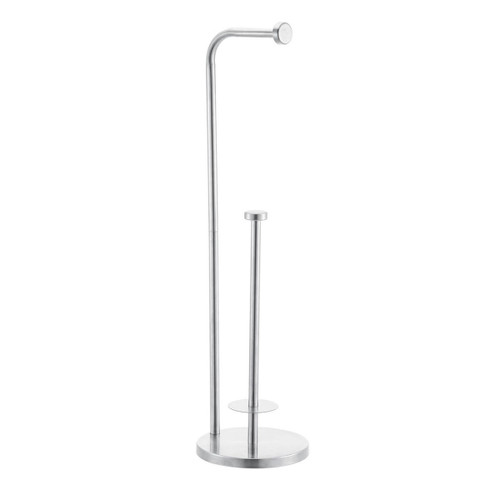 Freestanding stainless steel toilet roll holder with a curved top arm and additional vertical rod for spare rolls, featuring a round weighted base.