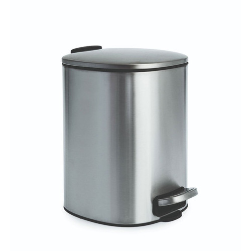 Brushed stainless steel pedal bin with a rounded rectangular shape, domed lid, and foot pedal for hands-free operation, ideal for bathrooms or kitchens.