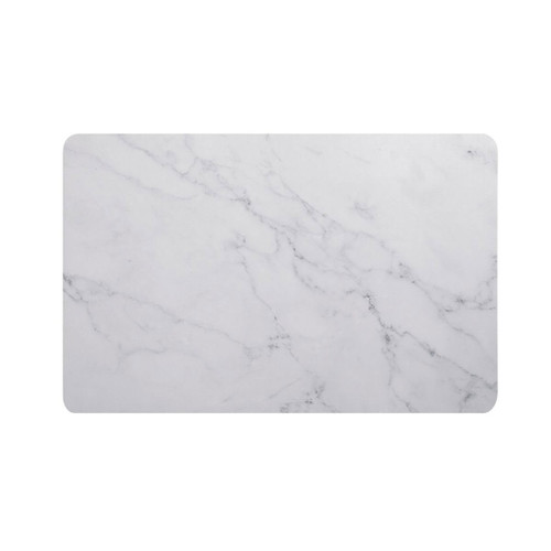 Rectangular bathroom mat with a smooth white marble effect surface featuring subtle grey veining and rounded corners.