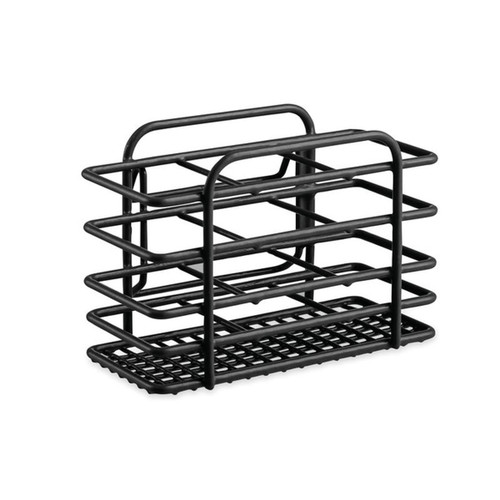 Compact black wire storage rack with an open rectangular frame and grid base, ideal for organising kitchen sponges, brushes, or small utensils.