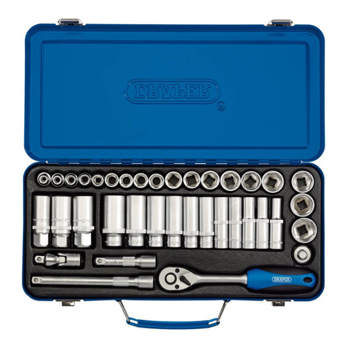 Top-down view of the Draper 3/8" Square Drive Metric Socket Set in a blue steel case. The 37-piece set includes sockets, a ratchet, and extensions, all neatly arranged in a black foam insert with the Draper logo embossed on the lid.