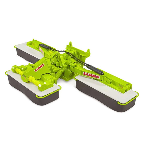 A view of a triple Claas triple mower toy on a white background