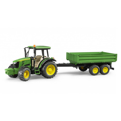 A view of a John Deere tractor and trailer toy on a white background