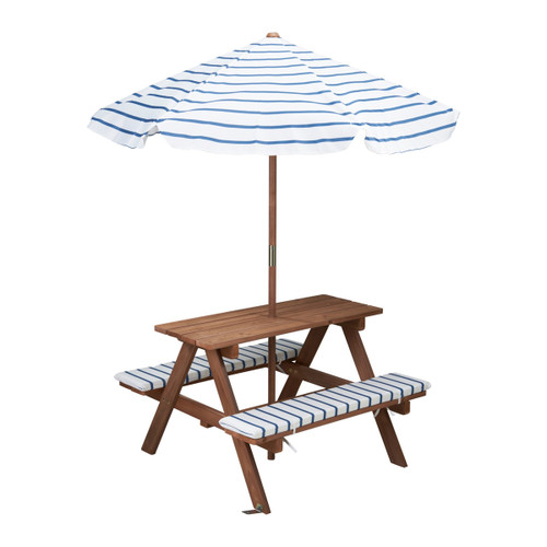 A view of a wooden children's bench with matching blue and white striped cushions and parasol on a white background