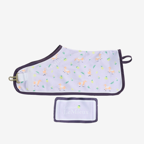 Purple dog coat with orange pony and lemon print, featuring “LeMieux” text. Includes a matching label tag. Cheerful and playful design.