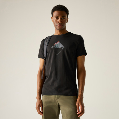 A front view of a man wearing a black regatta t-shirt on a white background