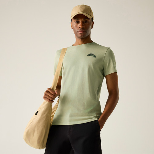 A front view of a man wearing a light sage Regatta t-shirt on a white background