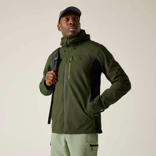 A front view of a man wearing a green Regatta Waterproof coat on a white background