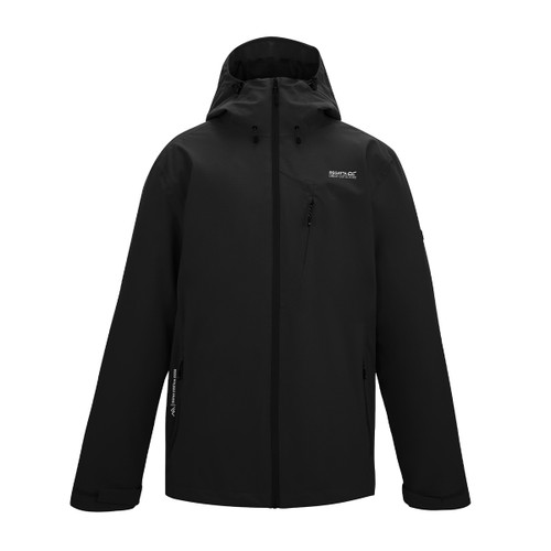A front view of a black Regatta waterproof jacket on a white background