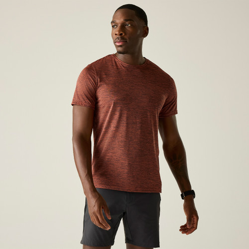 A front view of a man wearing a brown Regatta t-shirt on a white background