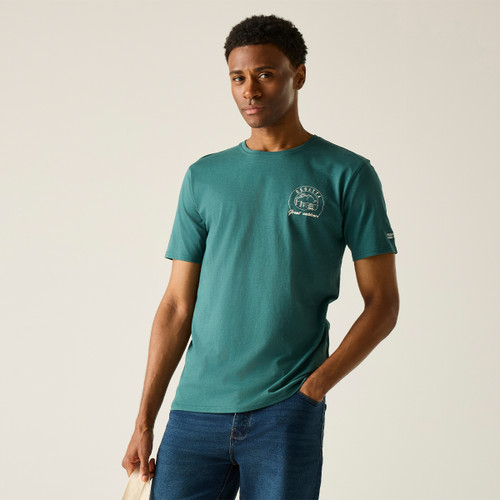 A front view of a green graphic Regatta t-shirt on a white background