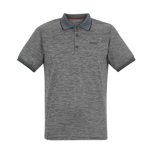 A view of a dark grey Regatta polo shirt on a white background