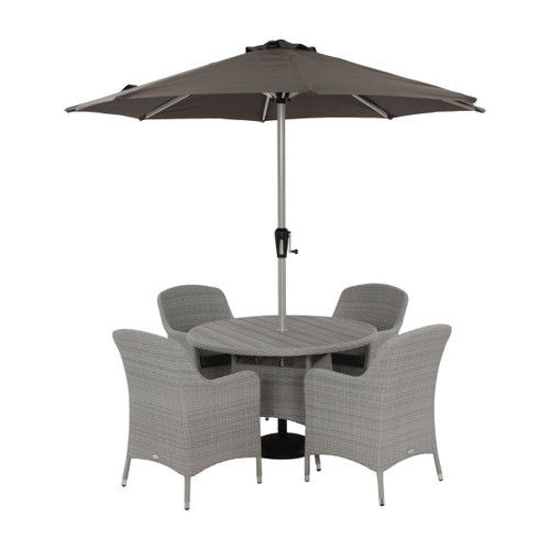 Grey wicker outdoor dining set featuring a round table with a tree-free wood effect top, four matching armchairs and a parasol, shown against a white background.