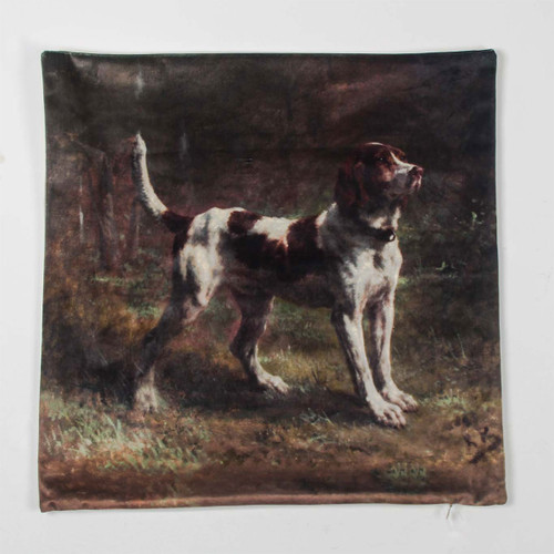 A brown and white dog stands alert on a grassy patch, looking upwards. The scene is dimly lit, conveying a calm, watchful atmosphere.